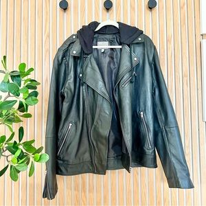 Faux Leather Moto Jacket w Removable Hood
